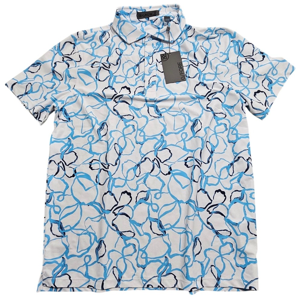 G/FORE Mens Floral Ribbon Golf Polo Shirt White Blue GMP000047 Size L NEW AOP